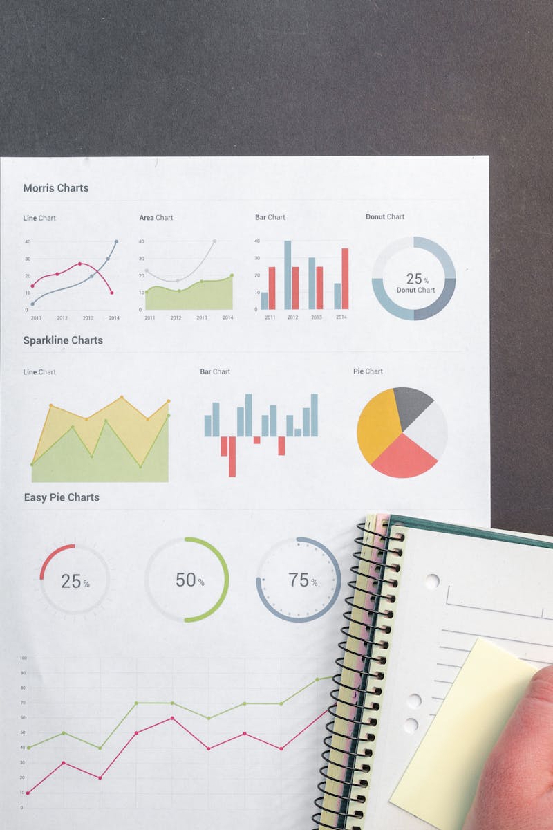 Overhead view of a business desk with charts and a laptop, ideal for data analysis concepts.